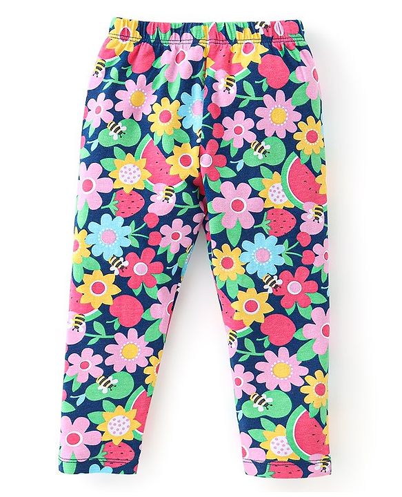 Babyhug Cotton Lycra Full Length Leggings Floral Printed - Pink & Blue