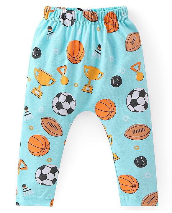 Babyhug Cotton Knit Full Length Diaper Leggings with Striped & Sports Print Pack of 3 - Blue & Orange