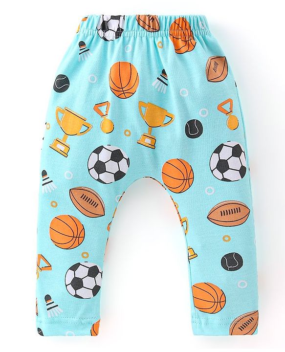 Babyhug Cotton Knit Full Length Diaper Leggings with Striped & Sports Print Pack of 3 - Blue & Orange