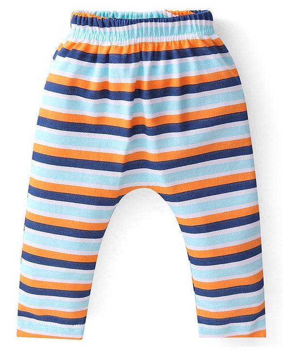 Babyhug Cotton Knit Full Length Diaper Leggings with Striped & Sports Print Pack of 3 - Blue & Orange