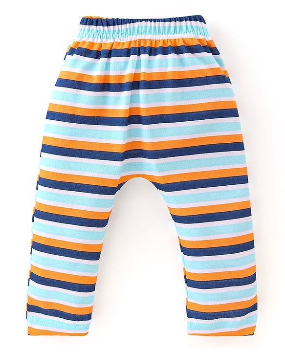 Babyhug Cotton Knit Full Length Diaper Leggings with Striped & Sports Print Pack of 3 - Blue & Orange