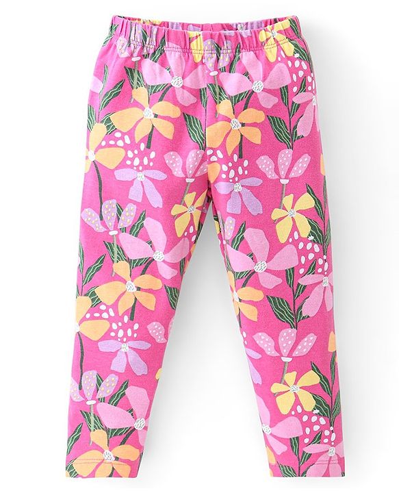 Babyhug Cotton Lycra Full Length Leggings Floral Printed - Pink