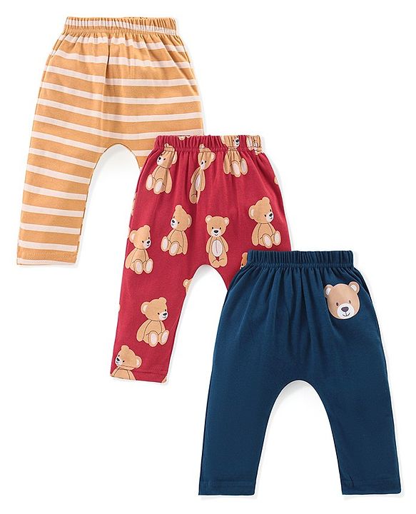 Babyhug Cotton Knit Full Length Diaper Leggings Bear Printed & Striped Pack of 3 - Red & Blue