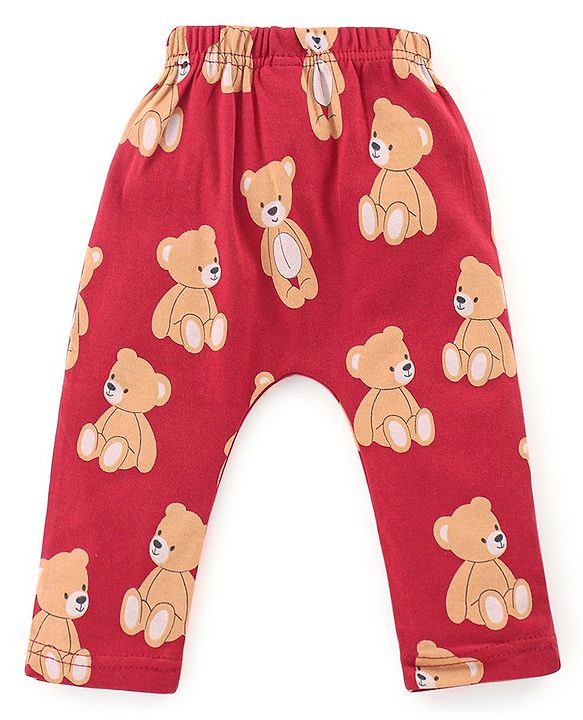 Babyhug Cotton Knit Full Length Diaper Leggings Bear Printed & Striped Pack of 3 - Red & Blue