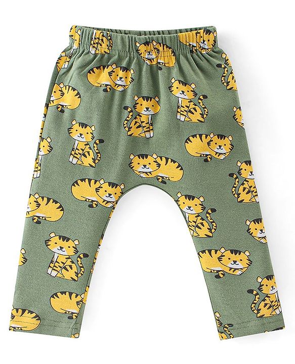 Babyhug Cotton Full Length Diaper Leggings Tiger & Stripes Print Pack Of 3- White Yellow & Green