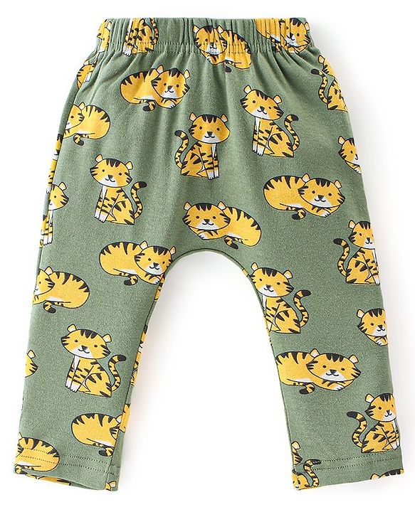 Babyhug Cotton Full Length Diaper Leggings Tiger & Stripes Print Pack Of 3- White Yellow & Green