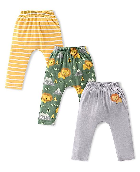 Babyhug Cotton Full Length Diaper Leggings Lion & Stripes Print Pack Of 3- White Yellow & Green