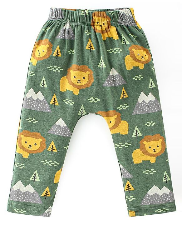 Babyhug Cotton Full Length Diaper Leggings Lion & Stripes Print Pack Of 3- White Yellow & Green