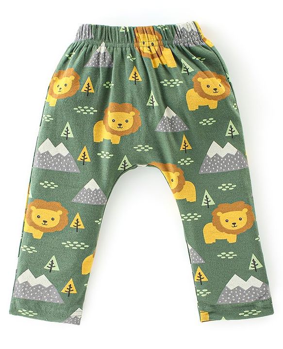 Babyhug Cotton Full Length Diaper Leggings Lion & Stripes Print Pack Of 3- White Yellow & Green