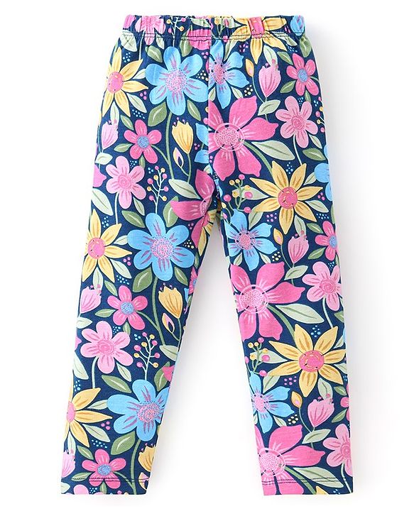 Babyhug Cotton Lycra Full Length Leggings Floral Printed - Pink & Blue