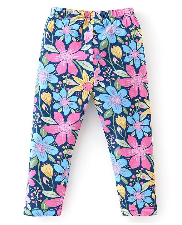 Babyhug Cotton Lycra Full Length Leggings Floral Printed - Pink & Blue