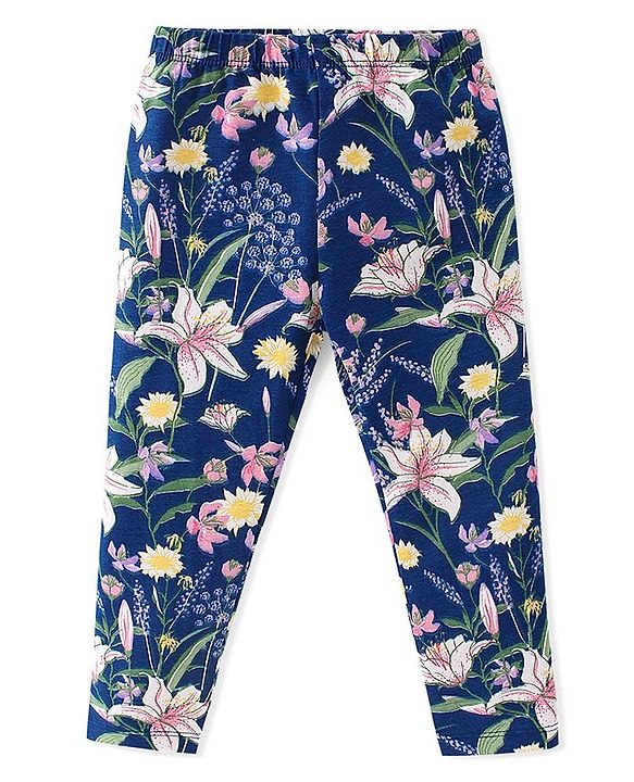 Babyhug Cotton Lycra Full Length Floral Printed Legging - Navy Blue