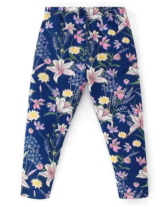 Babyhug Cotton Lycra Full Length Floral Printed Legging - Navy Blue