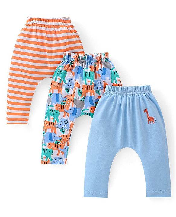 Babyhug Interlock Cotton Knit Stripes & Giraffe Printed Diaper Leggings Pack of 3 - Multicolour