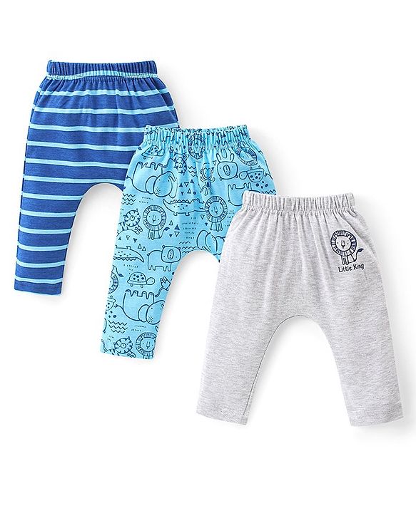 Babyhug Cotton Knit Interlock Full Length Diaper Leggings With Animals Print Pack Of 3 - Blue & Grey