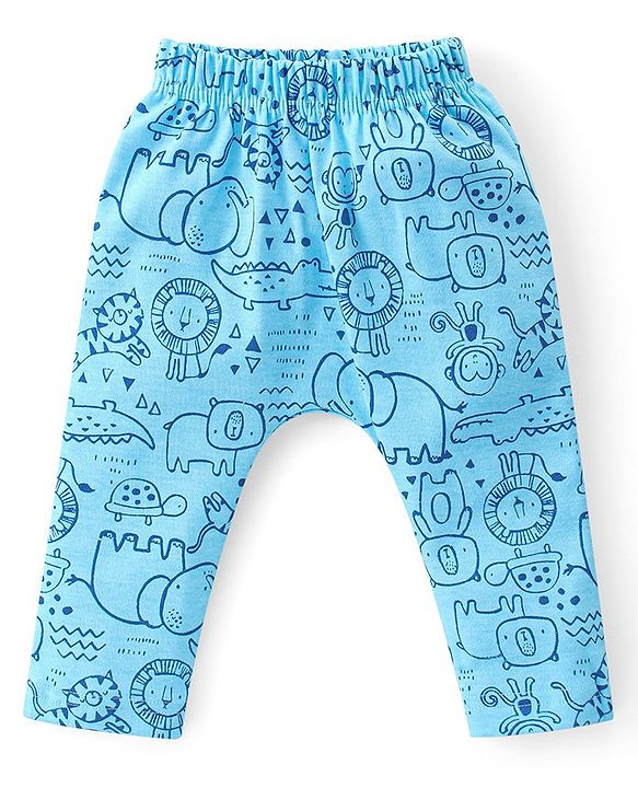 Babyhug Cotton Knit Interlock Full Length Diaper Leggings With Animals Print Pack Of 3 - Blue & Grey