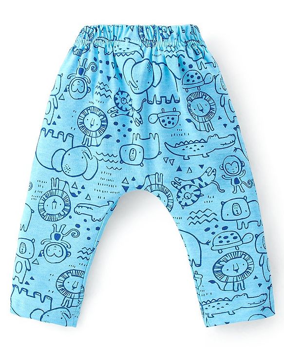 Babyhug Cotton Knit Interlock Full Length Diaper Leggings With Animals Print Pack Of 3 - Blue & Grey
