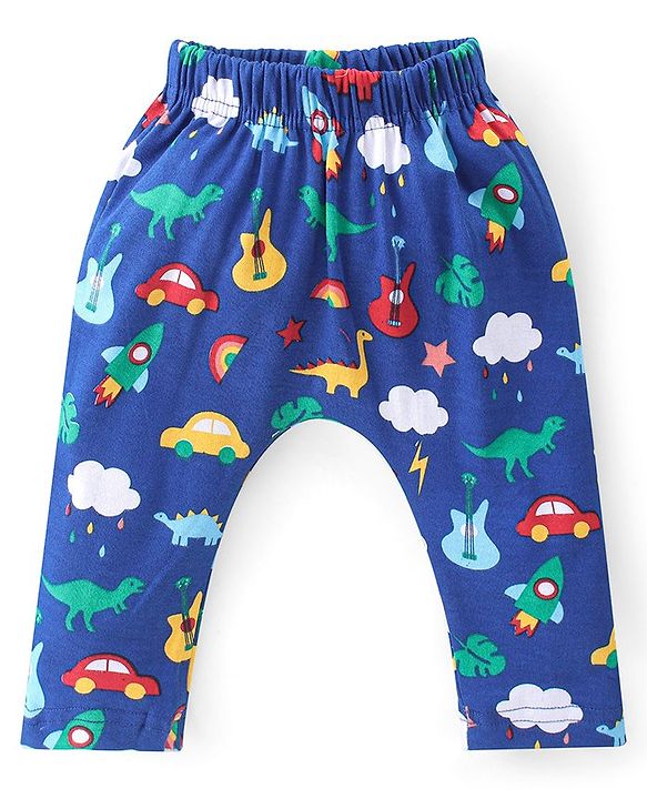 Babyhug Cotton Knit Interlock Full Length Diaper Leggings With Star & Dino Print Pack Of 3 - Yellow Red & Blue