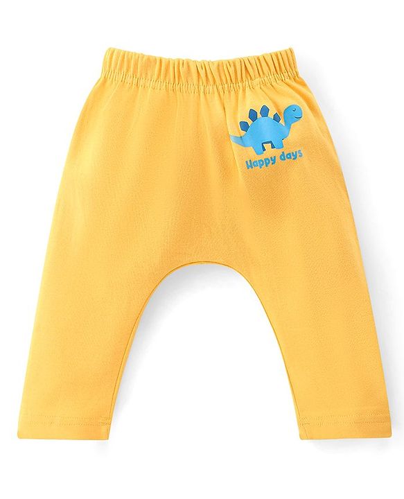 Babyhug Cotton Knit Interlock Full Length Diaper Leggings With Star & Dino Print Pack Of 3 - Yellow Red & Blue