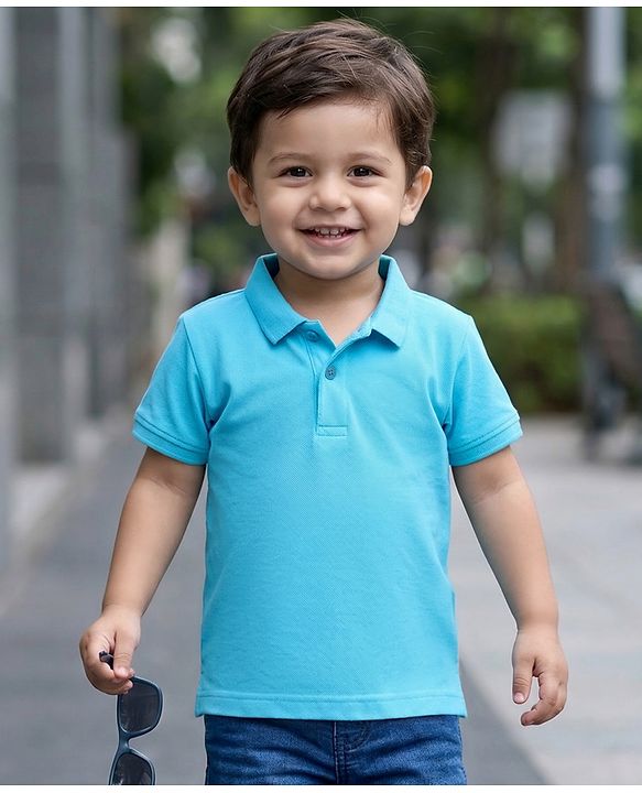 Babyhug Cotton Half Sleeves Solid Colored Polo T-Shirt - Light Blue