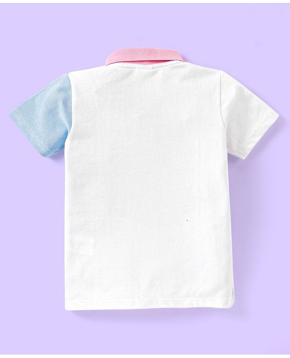Babyhug 100% Cotton Knit Half Sleeves Cut & Sew Polo T-Shirt with Text Graphics - White Peach & Blue