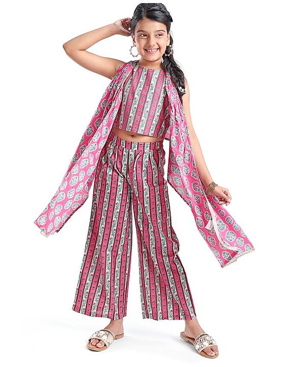 Pine Kids Viscose Sleeveless Kurti & Salwar Set with Dupatta Floral Print - Pink