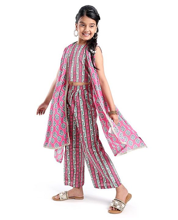 Pine Kids Viscose Sleeveless Kurti & Salwar Set with Dupatta Floral Print - Pink