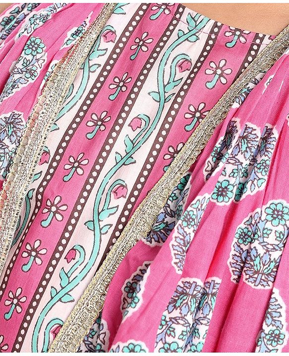 Pine Kids Viscose Sleeveless Kurti & Salwar Set with Dupatta Floral Print - Pink