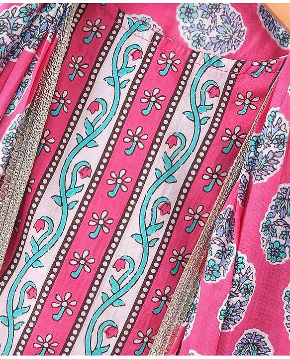 Pine Kids Viscose Sleeveless Kurti & Salwar Set with Dupatta Floral Print - Pink