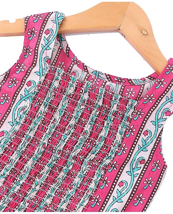 Pine Kids Viscose Sleeveless Kurti & Salwar Set with Dupatta Floral Print - Pink