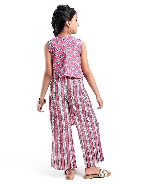 Pine Kids Viscose Sleeveless Kurti & Salwar Set with Dupatta Floral Print - Pink