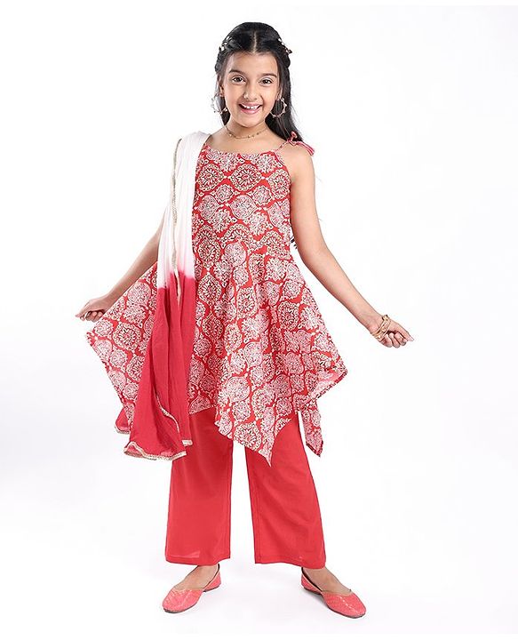 Pine Kids Sleeveless Kurti & Salwar With Dupatta Floral Print Set - Coral