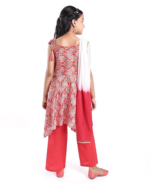 Pine Kids Sleeveless Kurti & Salwar With Dupatta Floral Print Set - Coral