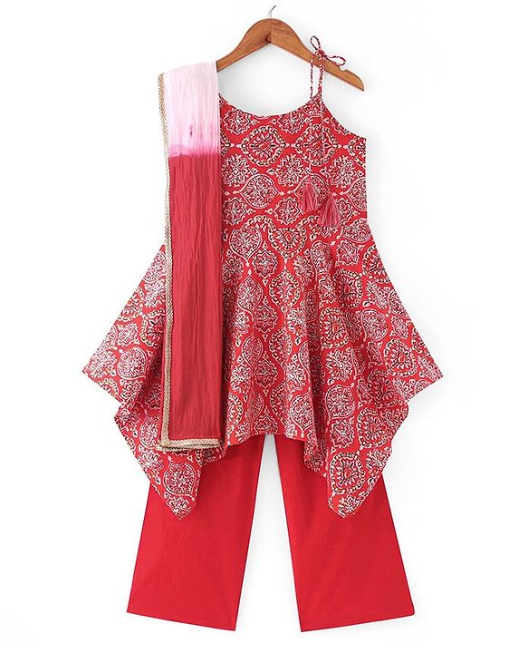 Pine Kids Sleeveless Kurti & Salwar With Dupatta Floral Print Set - Coral