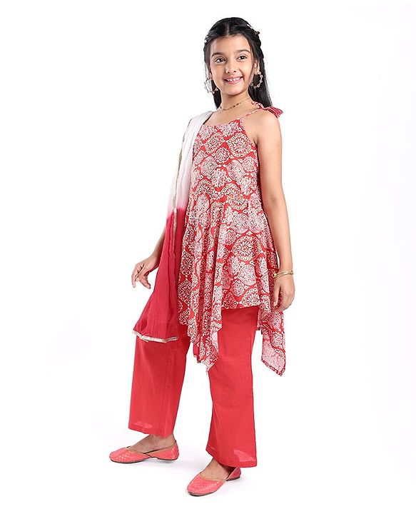 Pine Kids Sleeveless Kurti & Salwar With Dupatta Floral Print Set - Coral