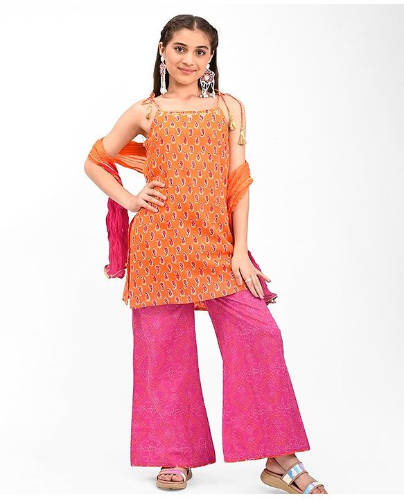 Pine Kids 100% Cotton Sleeveless Kurti & Salwar With Dupatta Set Ikat Print - Orange & Pink
