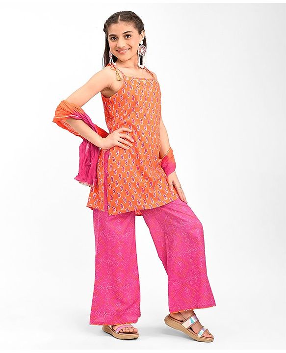Pine Kids 100% Cotton Sleeveless Kurti & Salwar With Dupatta Set Ikat Print - Orange & Pink