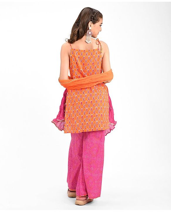 Pine Kids 100% Cotton Sleeveless Kurti & Salwar With Dupatta Set Ikat Print - Orange & Pink