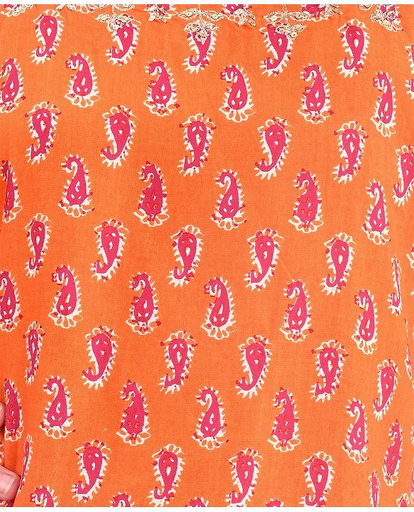 Pine Kids 100% Cotton Sleeveless Kurti & Salwar With Dupatta Set Ikat Print - Orange & Pink