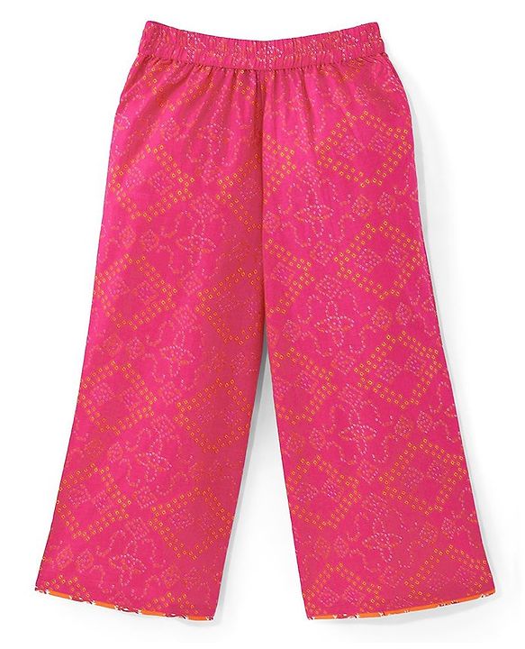 Pine Kids 100% Cotton Sleeveless Kurti & Salwar With Dupatta Set Ikat Print - Orange & Pink