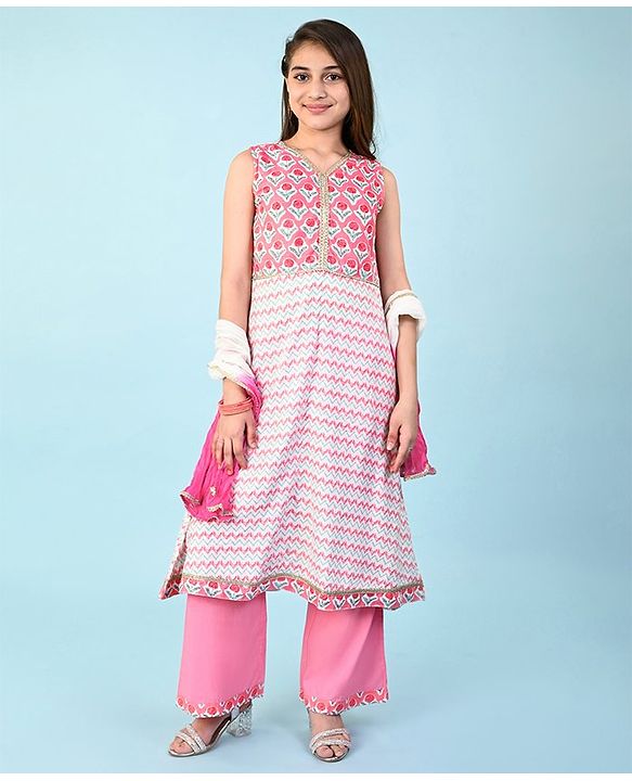 Pine Kids 100% Cotton Woven Sleeveles Kurti  Salwar with Floral Print & Dupatta-  Pink