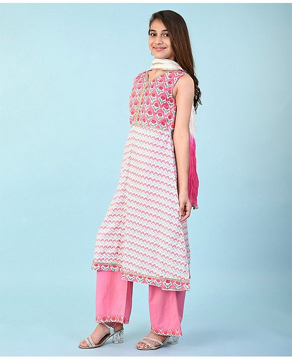 Pine Kids 100% Cotton Woven Sleeveles Kurti  Salwar with Floral Print & Dupatta-  Pink