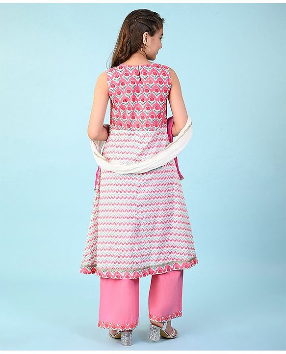 Pine Kids 100% Cotton Woven Sleeveles Kurti  Salwar with Floral Print & Dupatta-  Pink