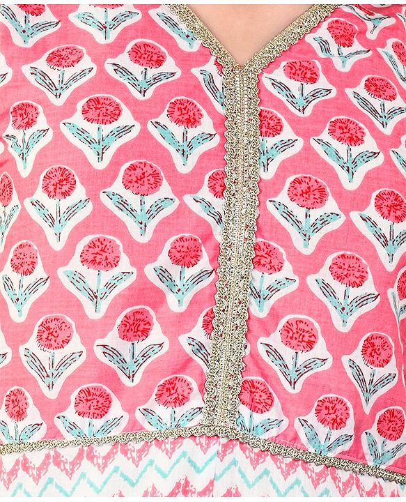 Pine Kids 100% Cotton Woven Sleeveles Kurti  Salwar with Floral Print & Dupatta-  Pink
