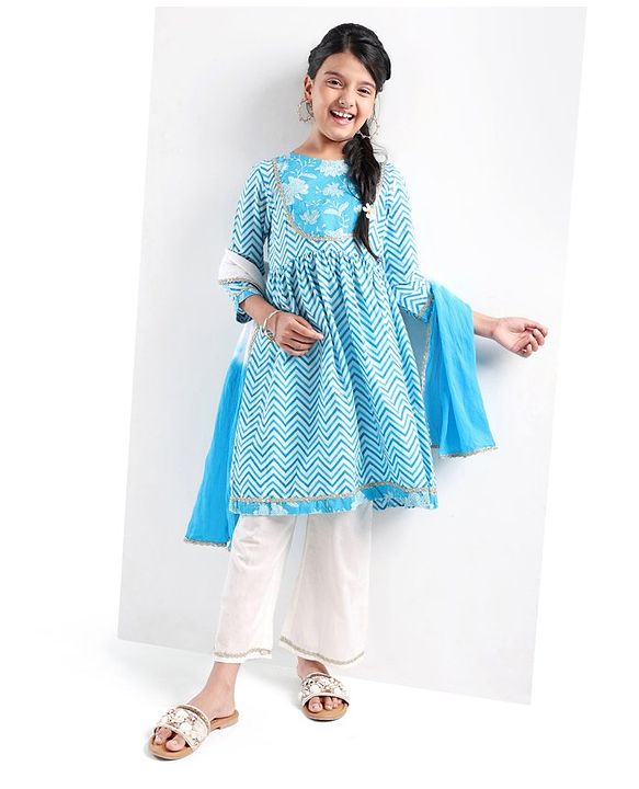 Pine Kids Cotton Woven Three Fourth Sleeves Kurti & Salwar Set with Dupatta & Floral Print - Light Blue