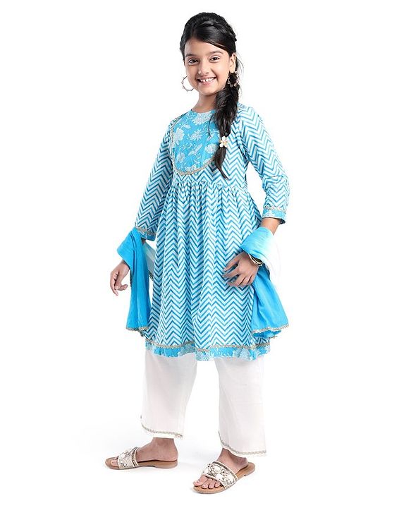 Pine Kids Cotton Woven Three Fourth Sleeves Kurti & Salwar Set with Dupatta & Floral Print - Light Blue