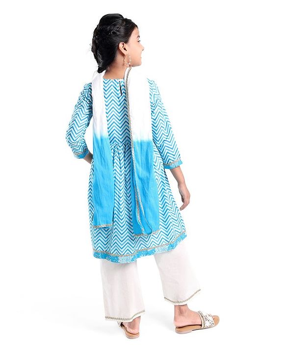Pine Kids Cotton Woven Three Fourth Sleeves Kurti & Salwar Set with Dupatta & Floral Print - Light Blue