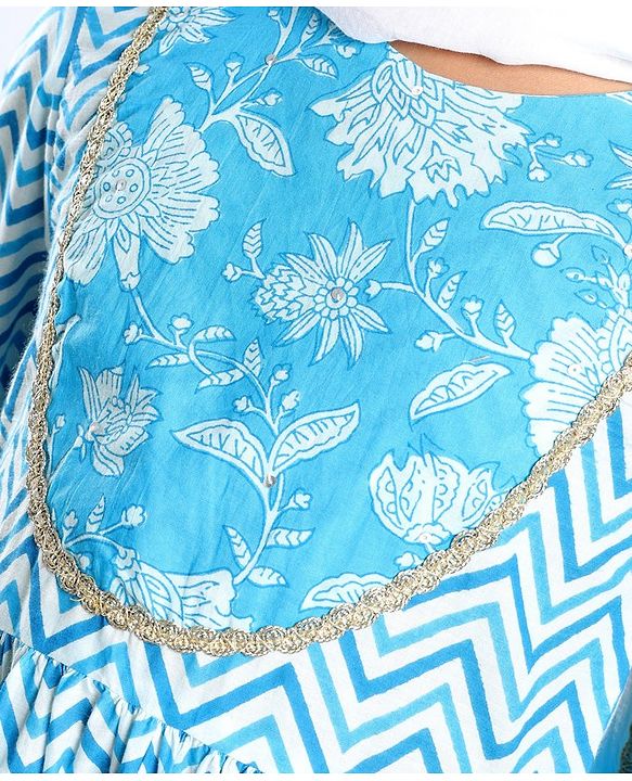 Pine Kids Cotton Woven Three Fourth Sleeves Kurti & Salwar Set with Dupatta & Floral Print - Light Blue