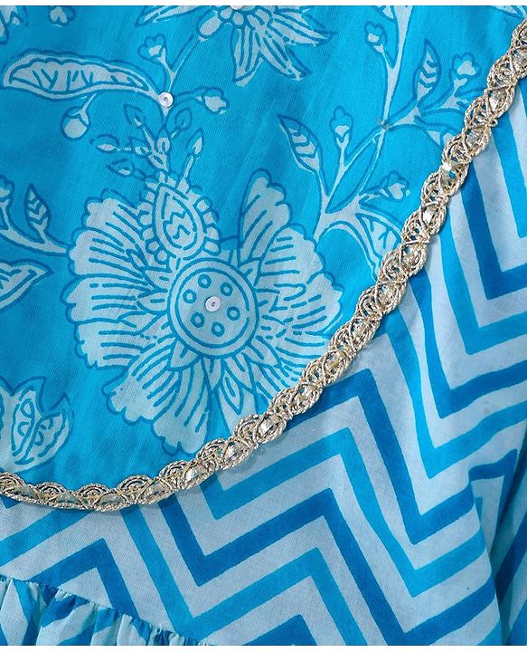 Pine Kids Cotton Woven Three Fourth Sleeves Kurti & Salwar Set with Dupatta & Floral Print - Light Blue