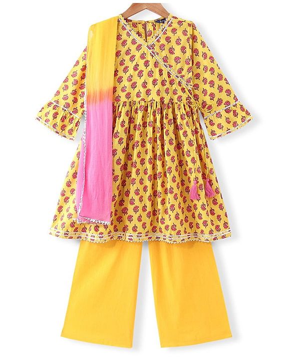 Pine Kids Cotton Woven Three Fourth  Sleeves Kurti & Salwar with Dupatta Floral Print - Yellow